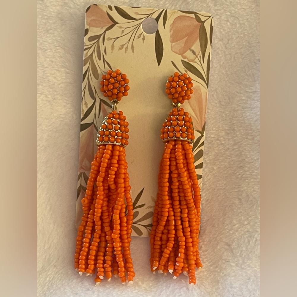 Boutique Woman's Orange Long Beaded Tassel Earrings, sea beads